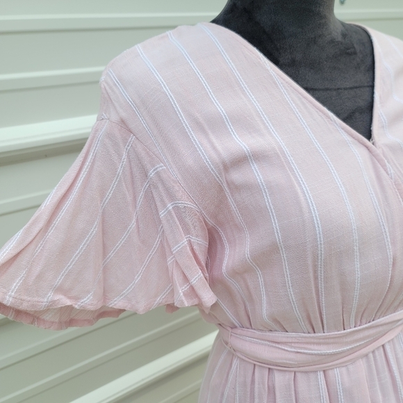 LC Lauren Conrad Belted Flutter Short Sleeve V Neck Pink Striped Dress XS - Picture 6 of 14